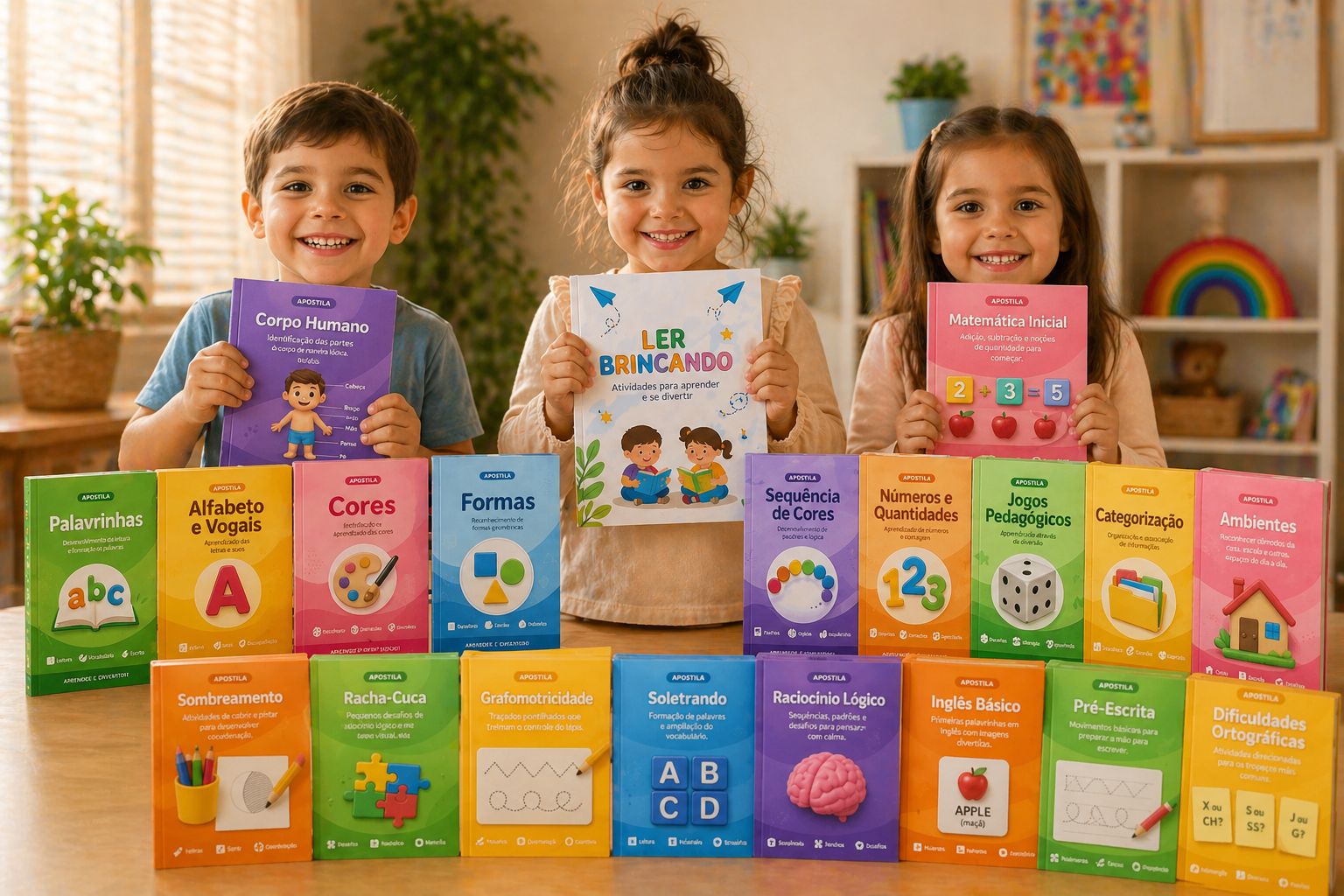 Três crianças sorrindo segurando as apostilas do Método Ler Brincando