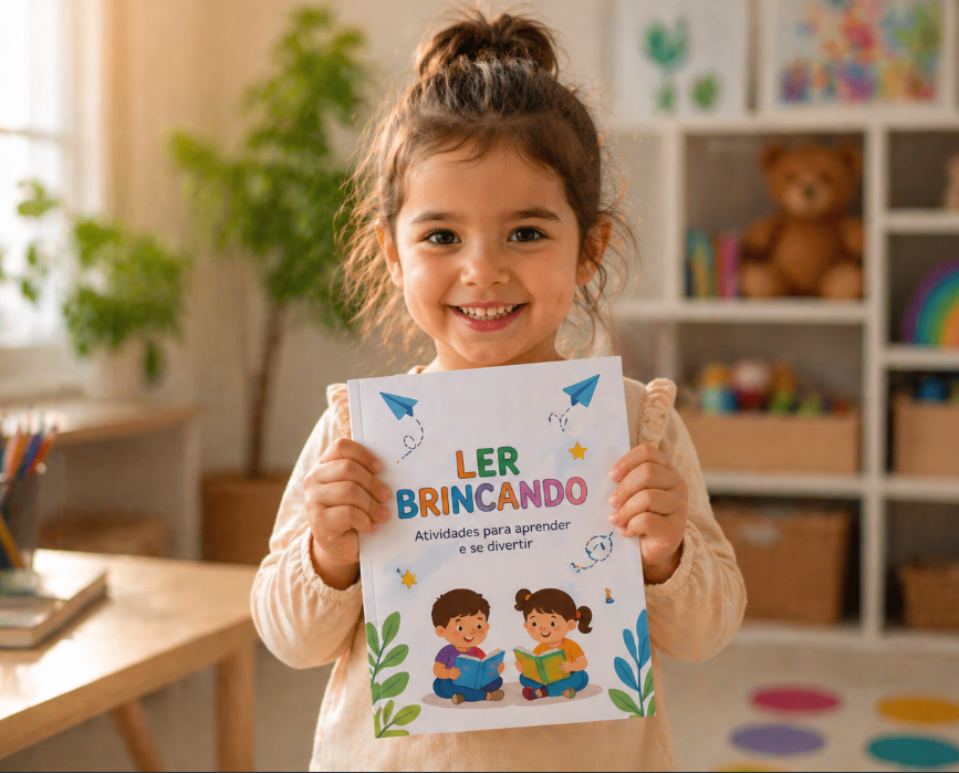 Criança segurando o livro Ler Brincando