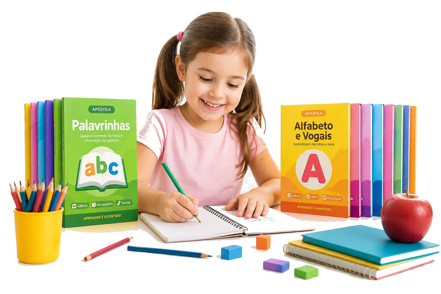 Menina sorrindo escrevendo, com as apostilas Palavrinhas e Alfabeto e Vogais ao lado